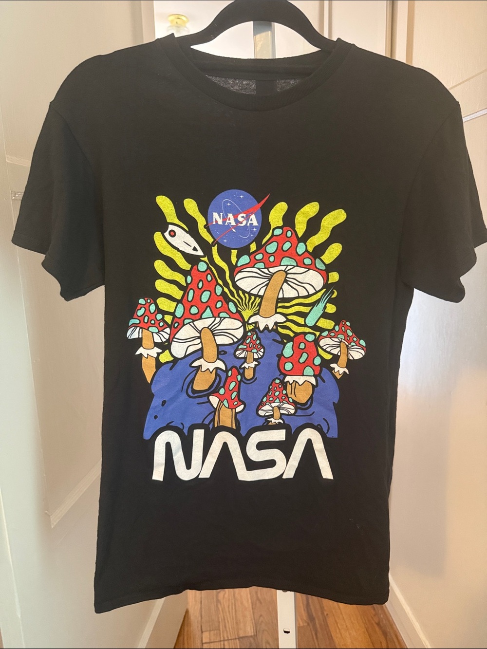 NASA Black Short Sleeve Tee with Colorful Mushroom Graphic